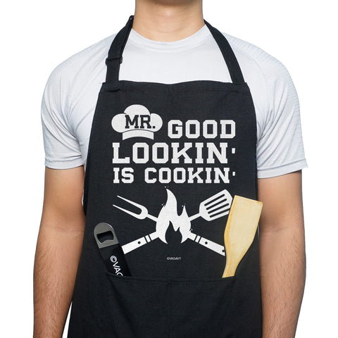VAGAVY funny apron front view in black with convenient pockets for utensils.