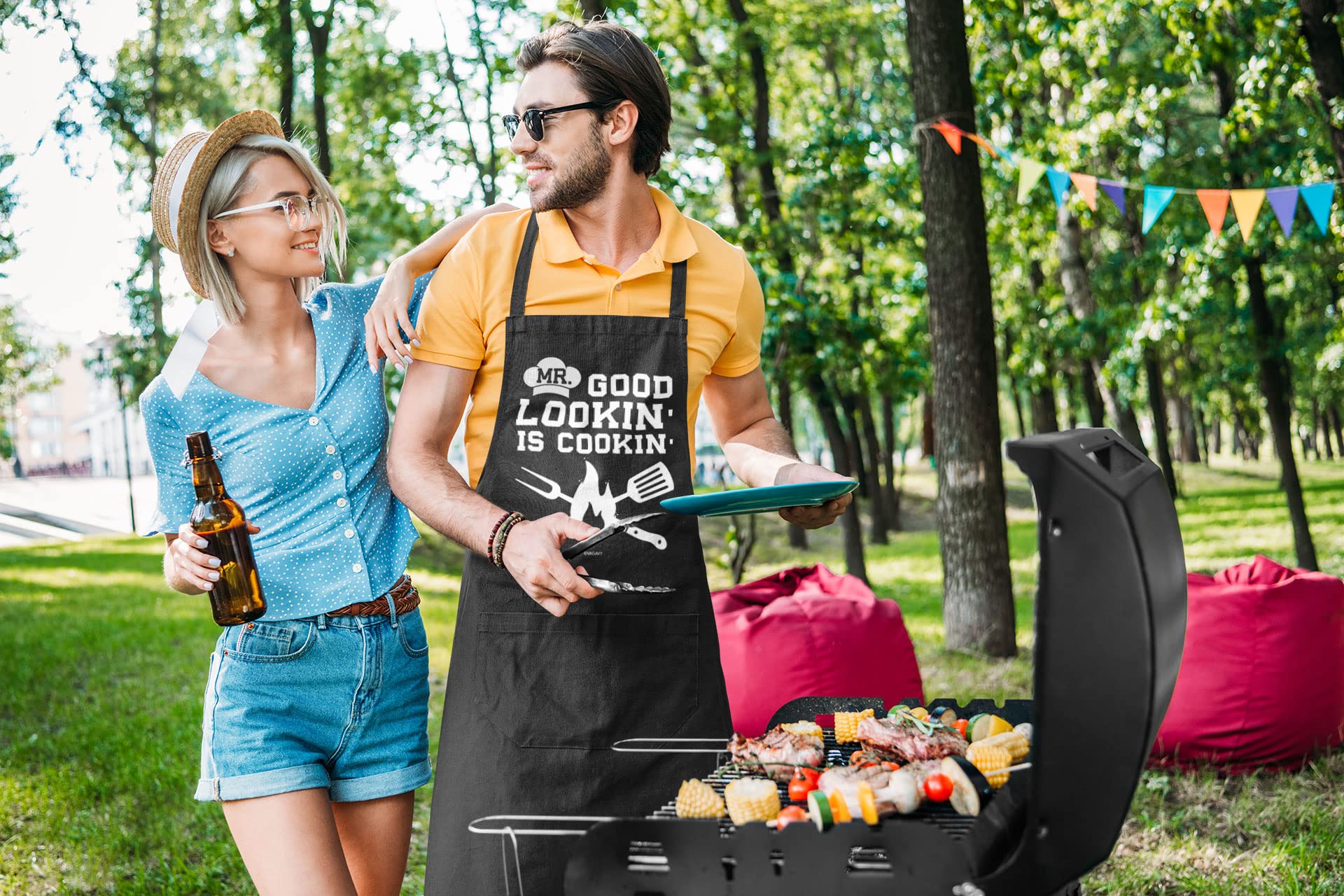VAGAVY men apron for grilling shown in kitchen setting.