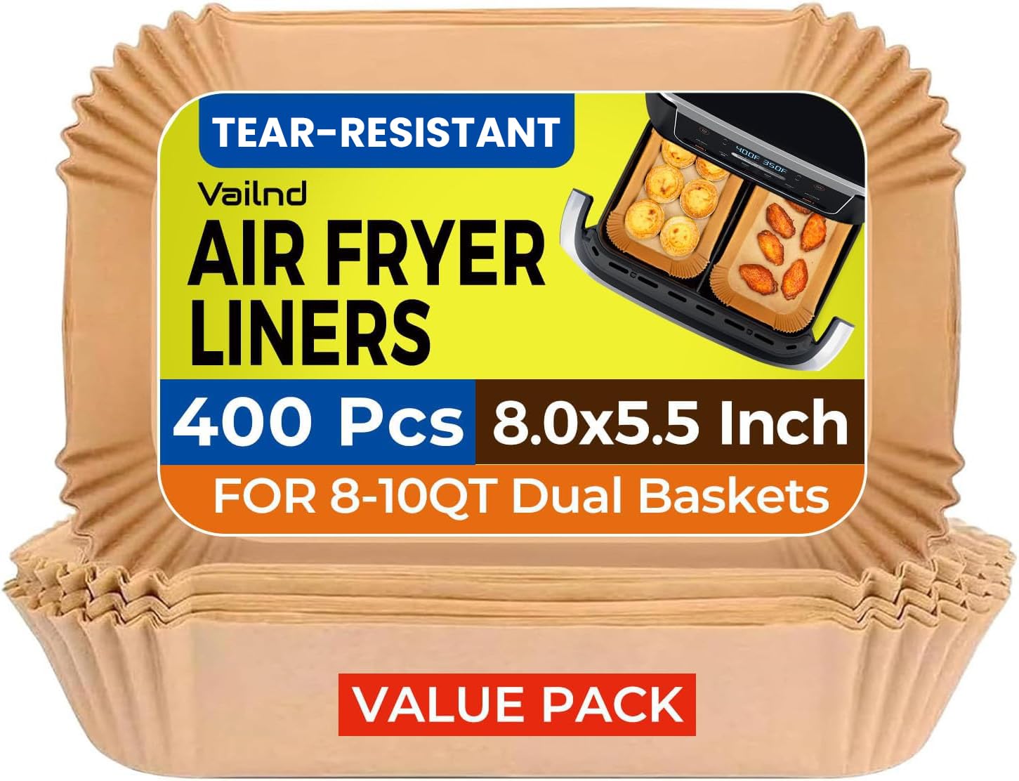 Vailnd 400pcs dual-basket air fryer liners keep meals clean and mess-free.