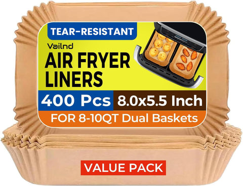 Vailnd 400pcs dual-basket air fryer liners keep meals clean and mess-free.