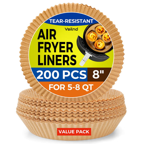 Vailnd 8-inch round air fryer liners in packaging for convenient daily use
