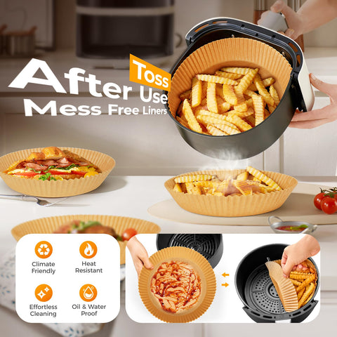 Vailnd air fryer liners in-use in a round basket, minimizing mess during cooking.