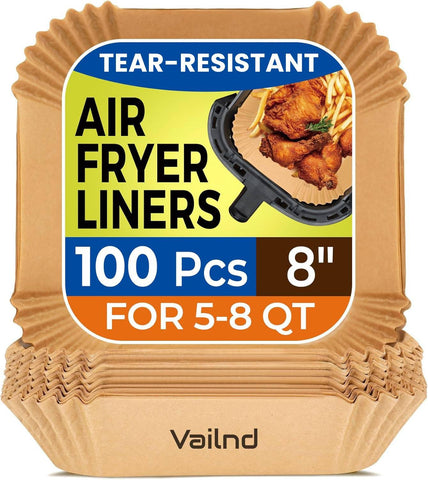 Vailnd air fryer paper liners 8-inch on tray for quick cleanup.