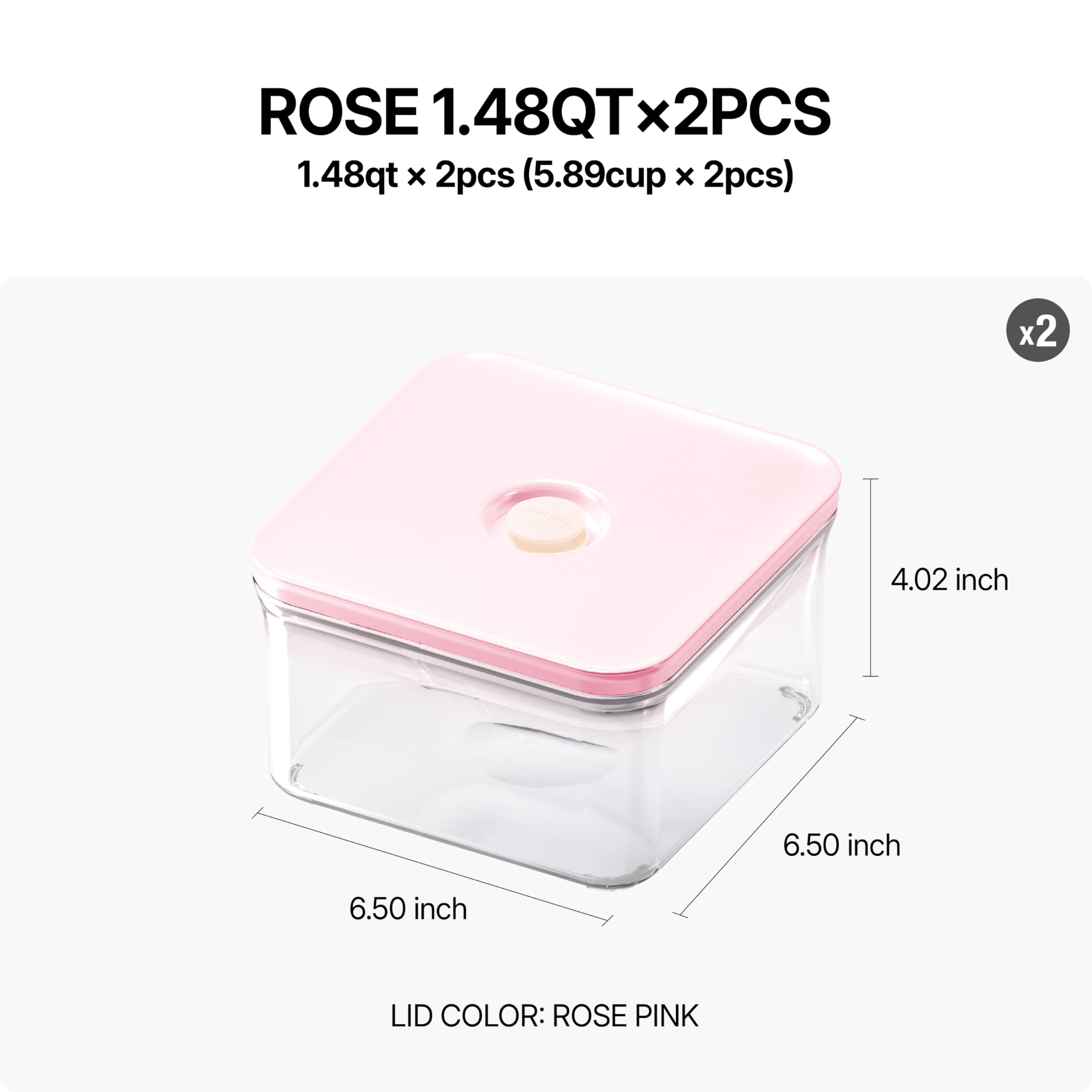VAKUEN Rose Square 1.48qt with one-click seal for easy access.
