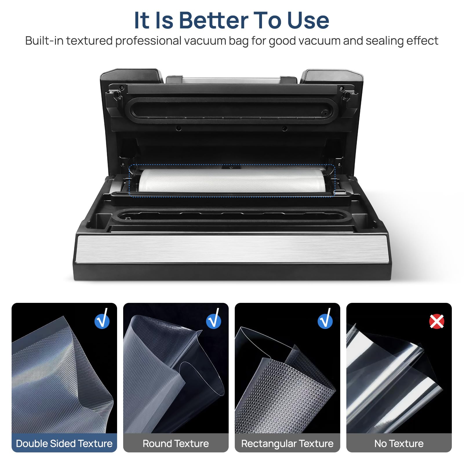 Vakumar liquid, dry, and moist modes optimize sealing for different foods.