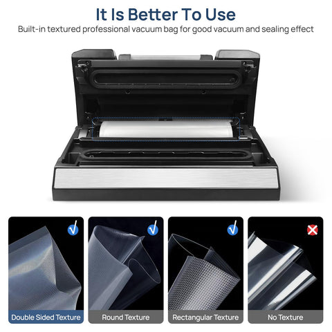 Vakumar liquid, dry, and moist modes optimize sealing for different foods.