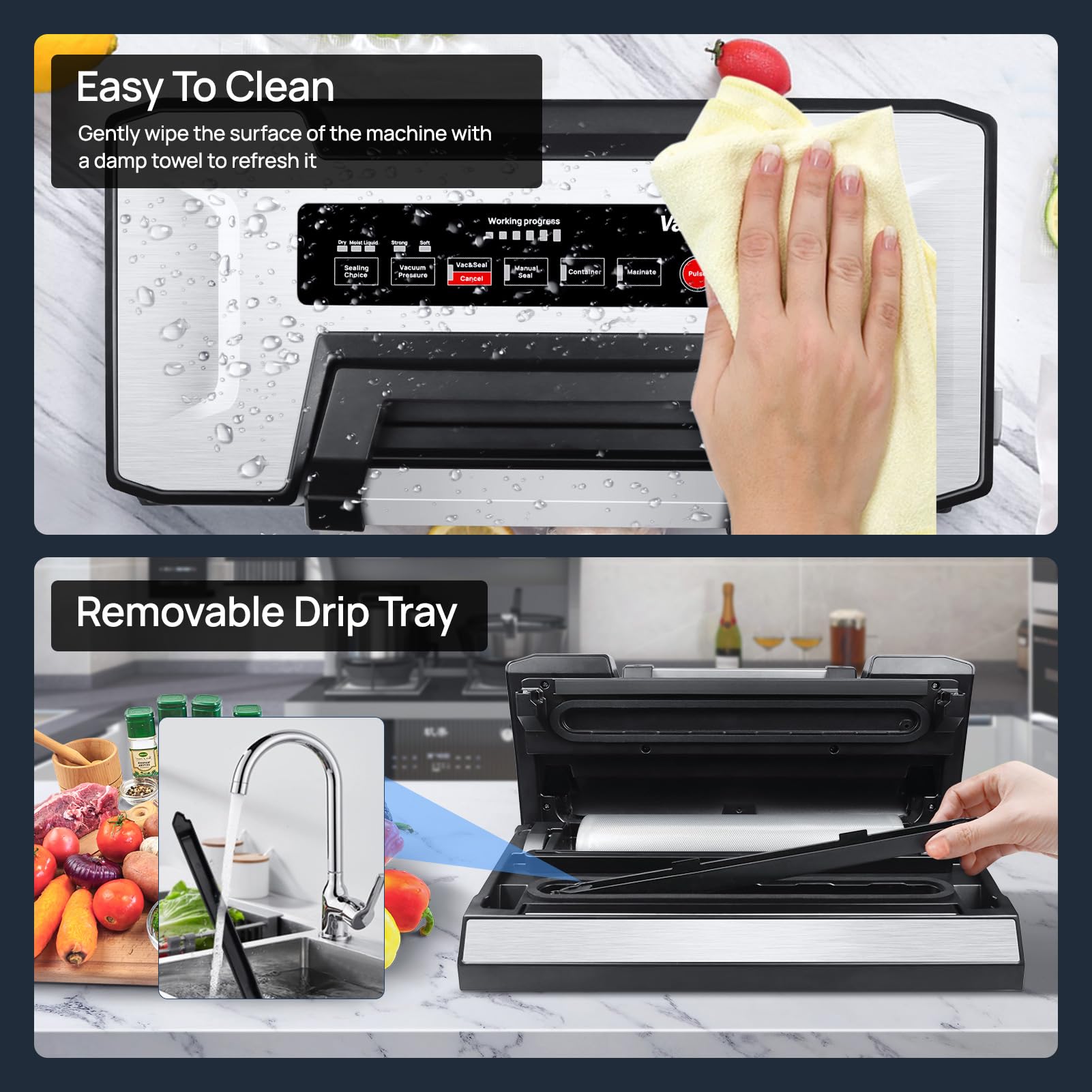 Vakumar stainless steel body provides durable, stylish performance in the kitchen.