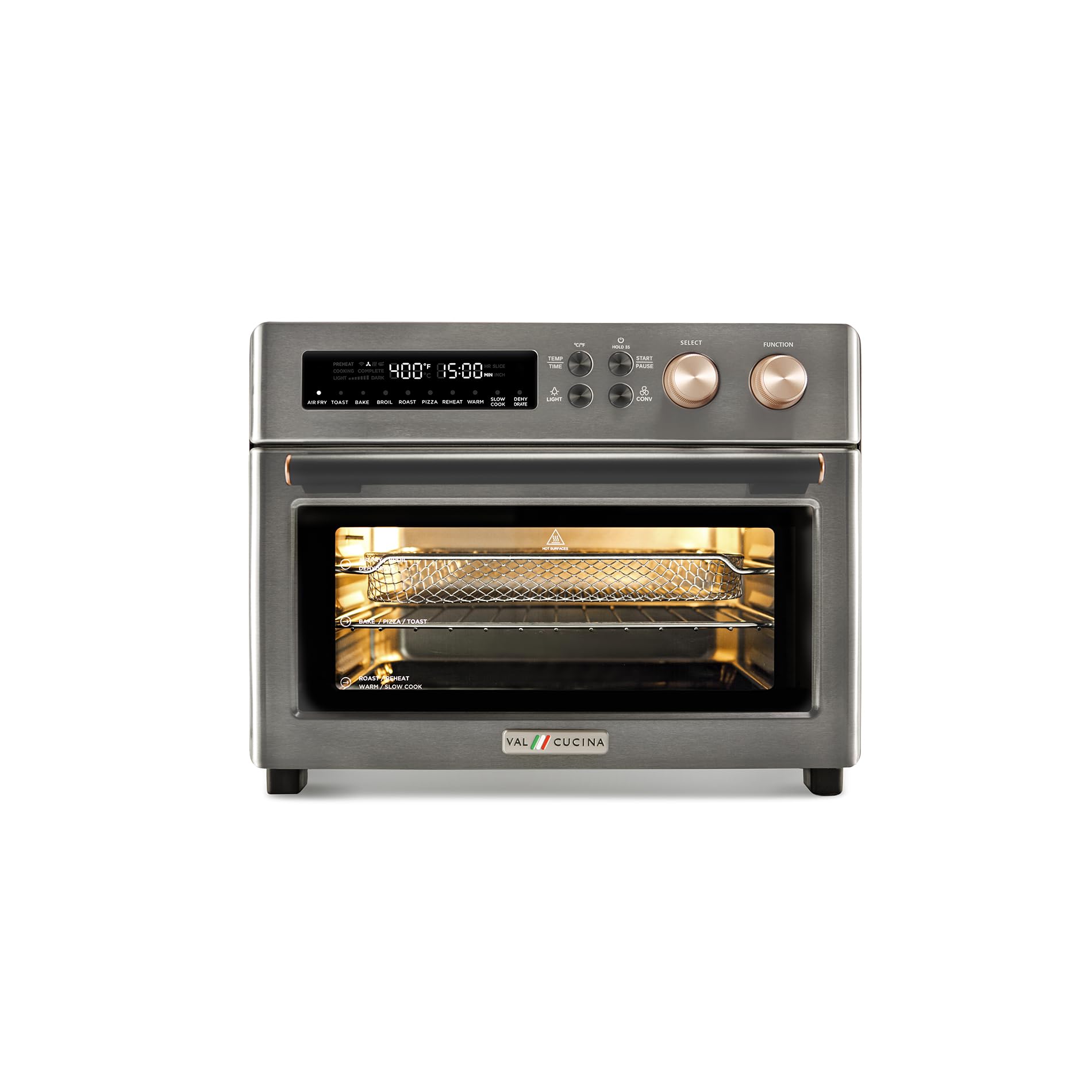 VAL CUCINA infrared air fryer oven front view showing roomy interior for family meals