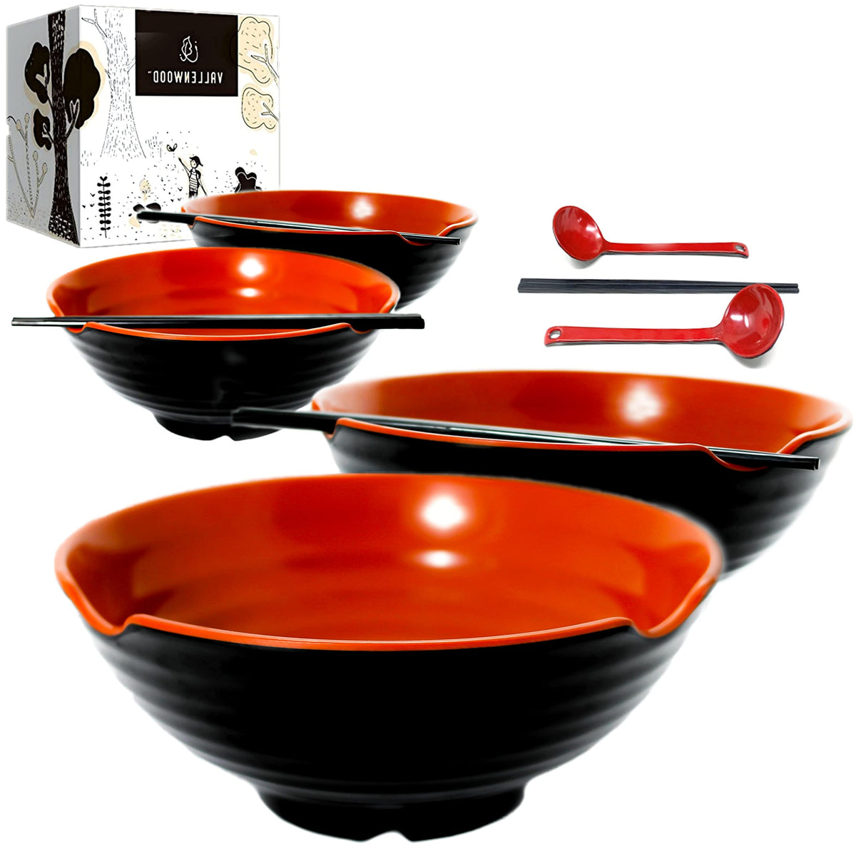 VALLENWOOD 4 XL ramen bowl set with 12-piece melamine bowls for soups