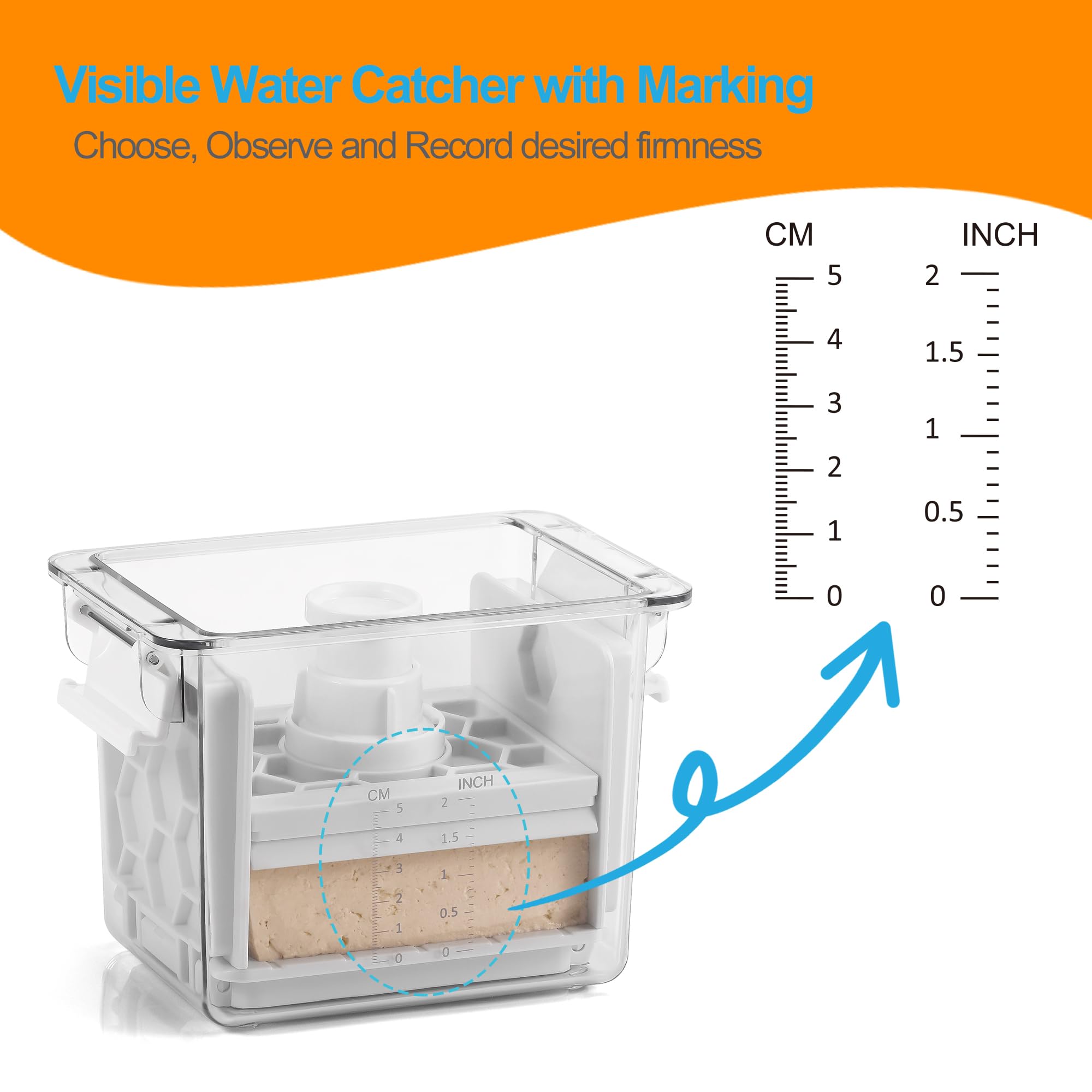 Valleyhike Tofu Press transparent water catcher with depth marks.