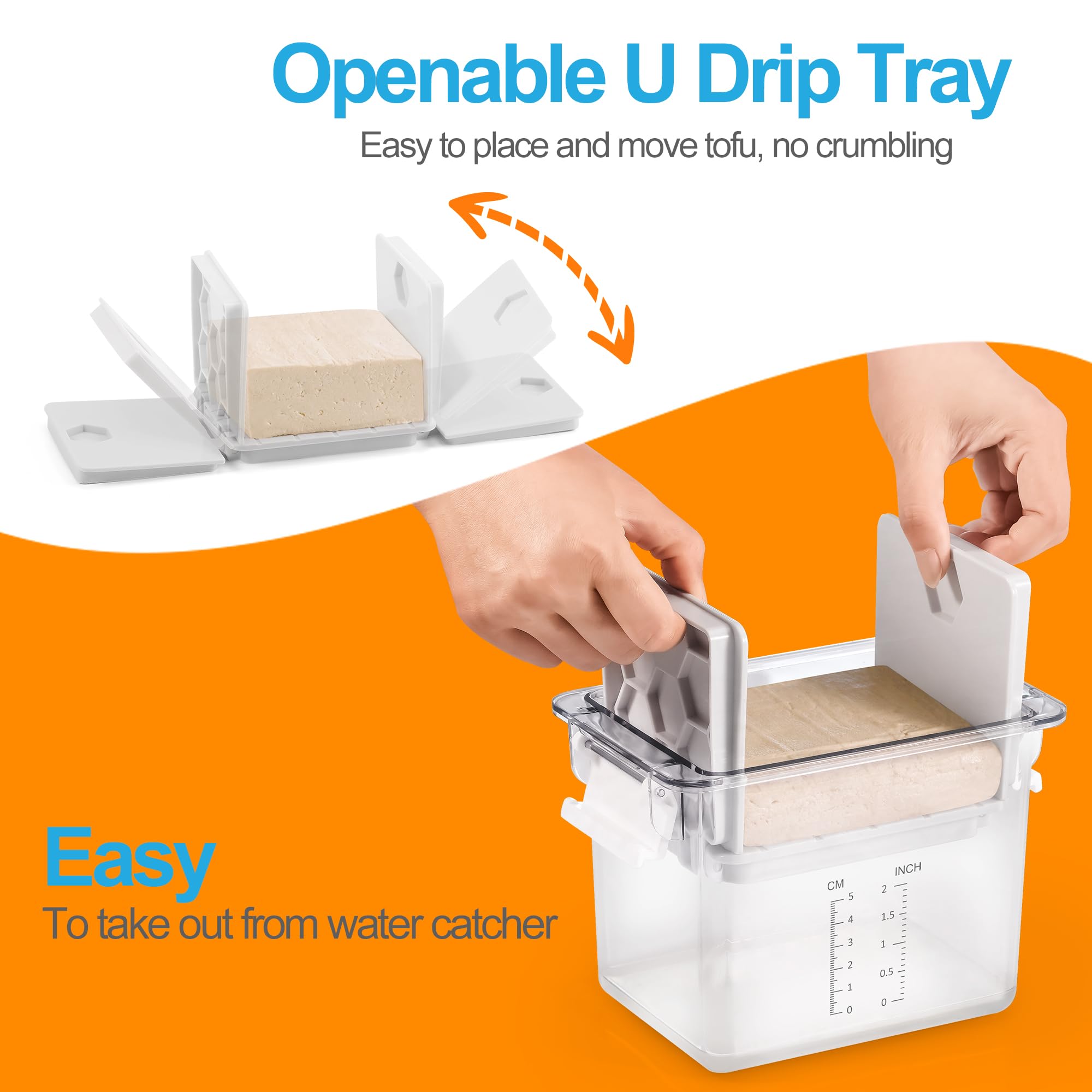 Valleyhike Tofu Press open U-drip tray enables easy tofu transfer.