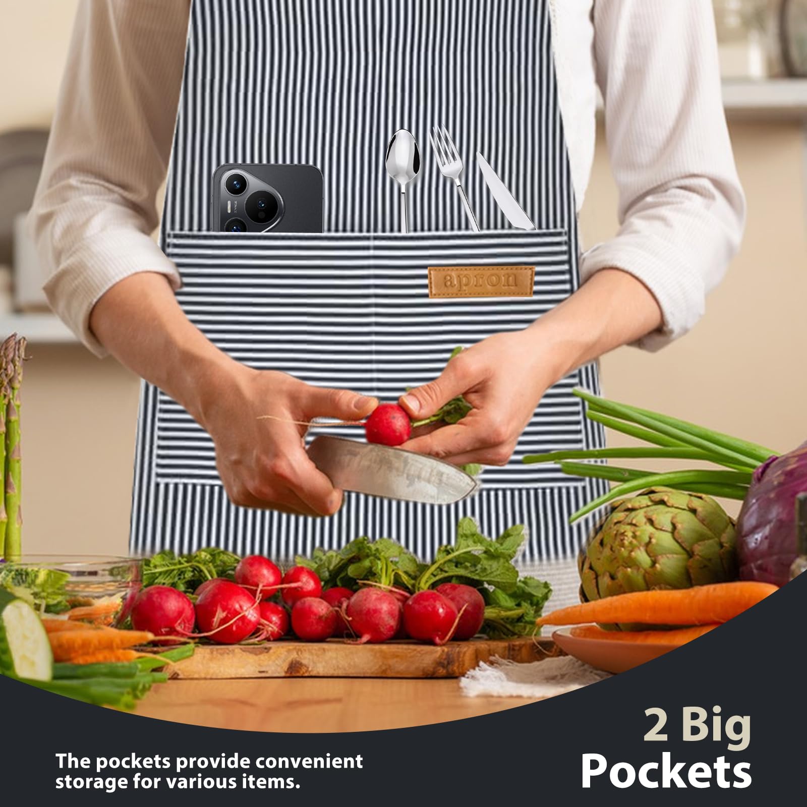 VALOME apron with long waist ties secured for active tasks