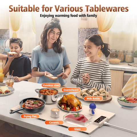 Valuejoy warming mat works with glass, stainless steel, and ceramics.