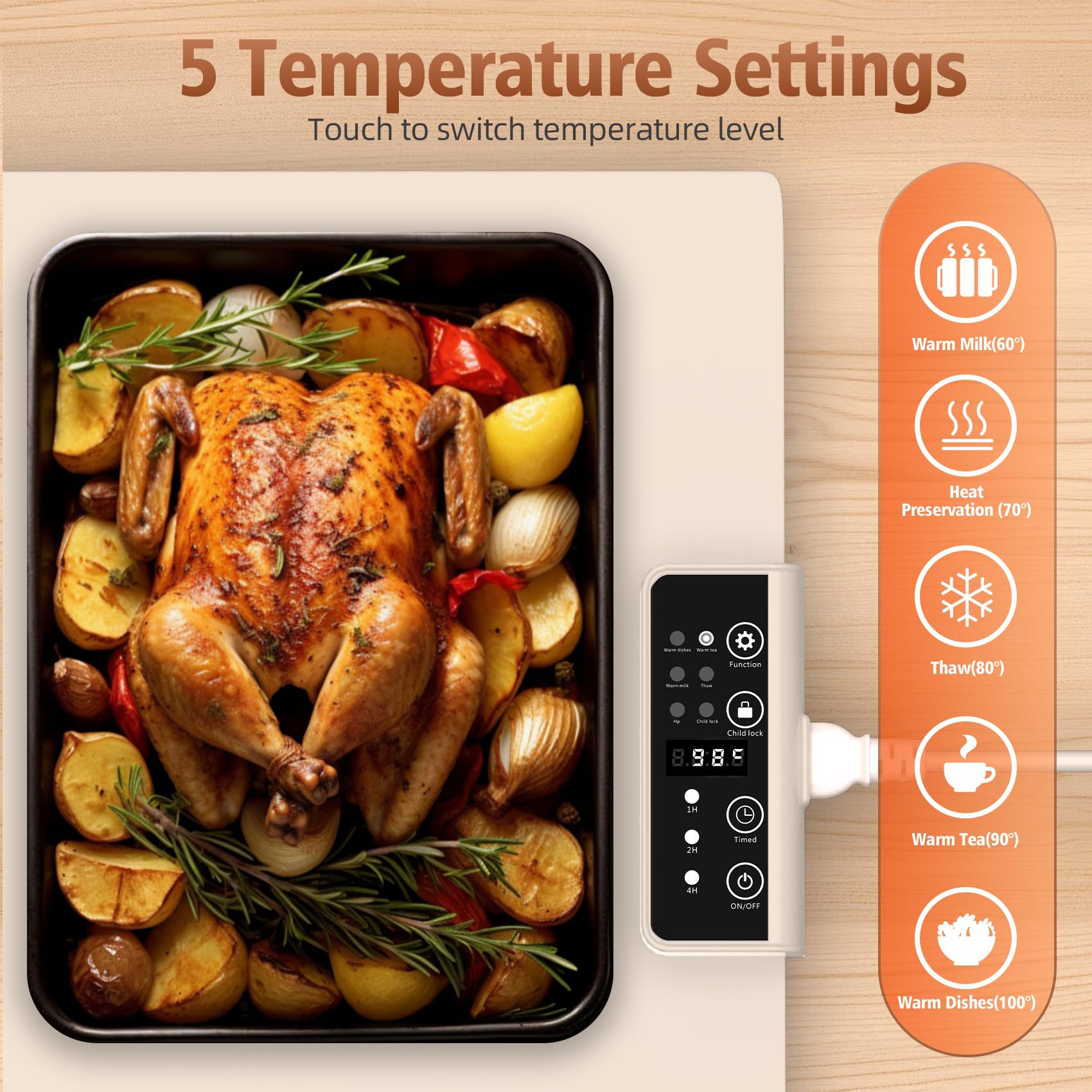 Valuejoy warming mat five-level temps enables precise warming for various foods.