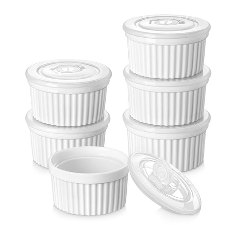 Vancasso 8 oz ramekins with lids show date-tracking dots for freshness planning.