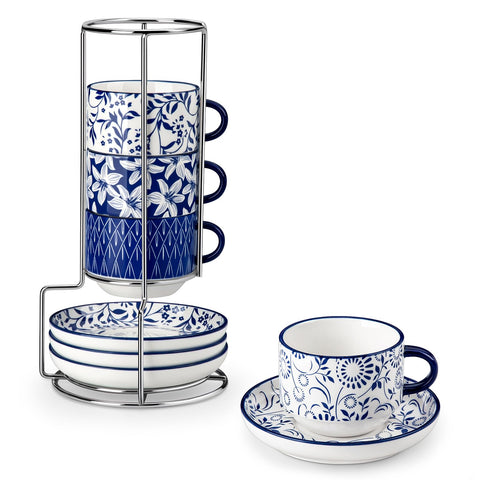 Vancasso 8oz stackable cappuccino cups showcasing the Series SELENE Vintage Blue pattern