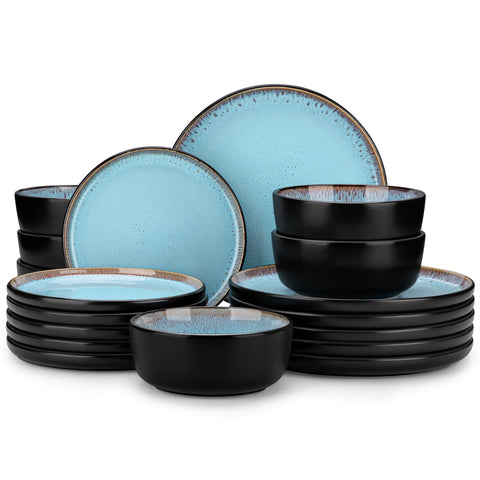 Vancasso AMBER Sky Blue 18-piece set on table, showcasing artisan glaze variations.