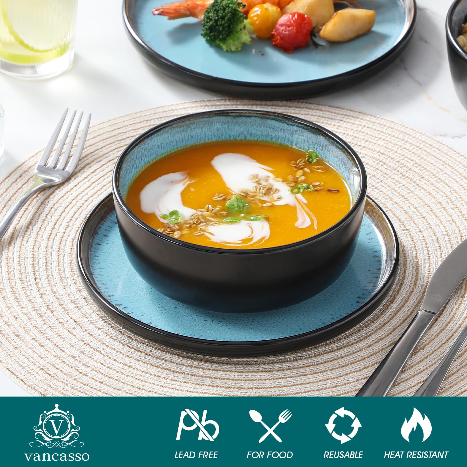 Vancasso AMBER dinnerware on table setting with modern blue tones.