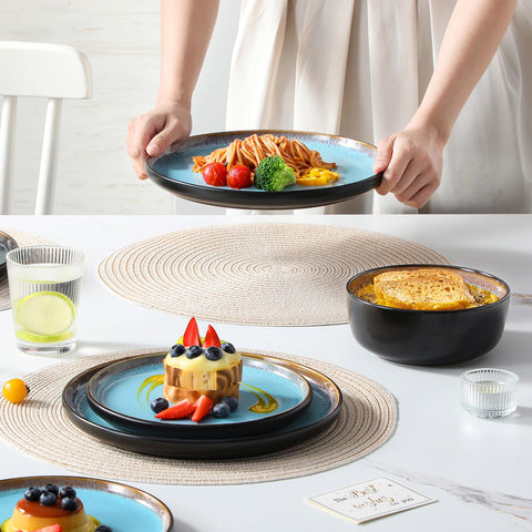 Vancasso AMBER dinnerware stack demonstrating microwave and dishwasher compatibility.