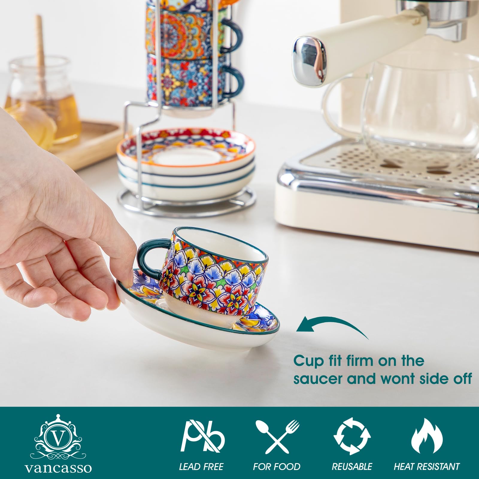 Vancasso bohemian pattern cups brighten mood with vibrant colors during tea or espresso.