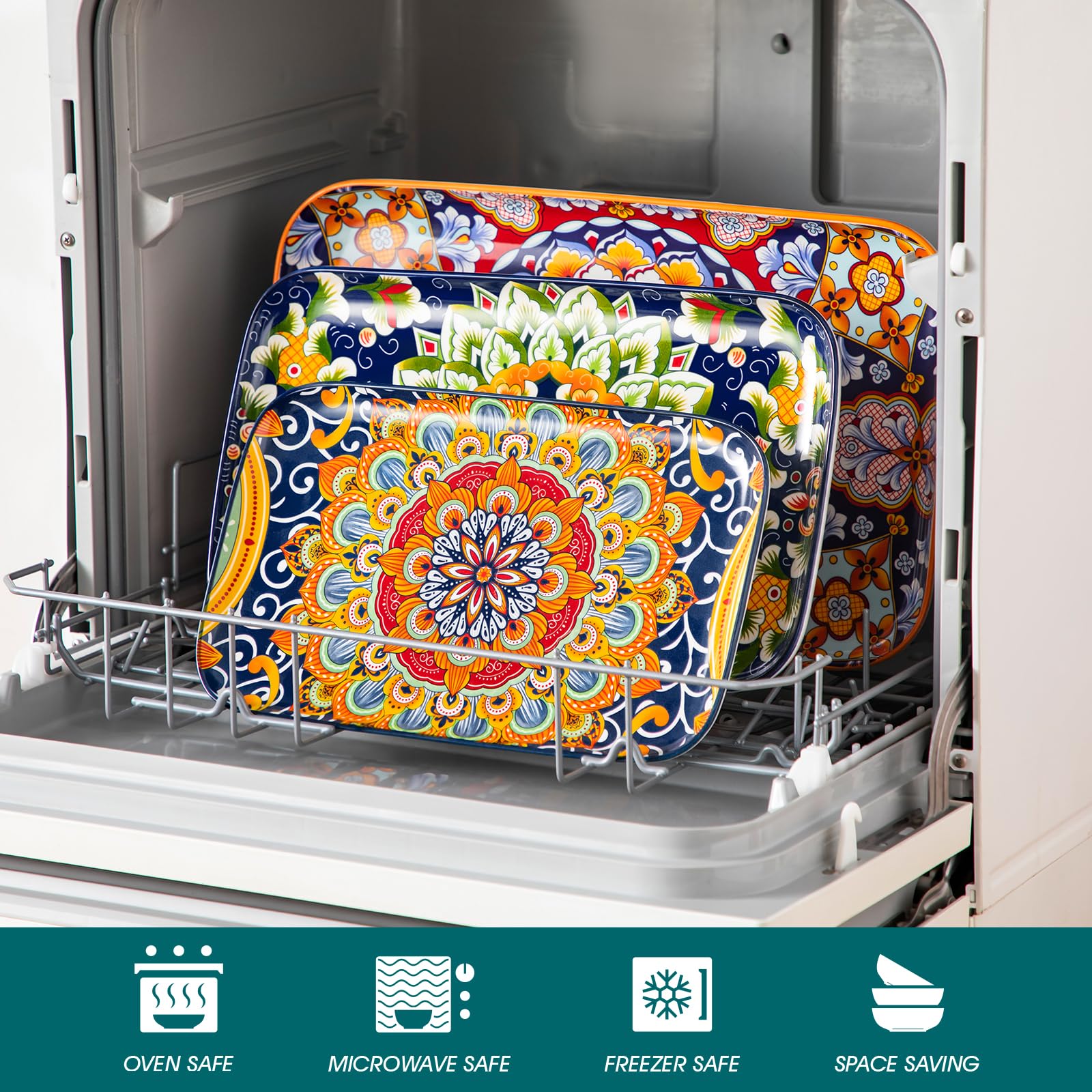 Vancasso bohemian pattern platter closeup highlighting vivid color palette.