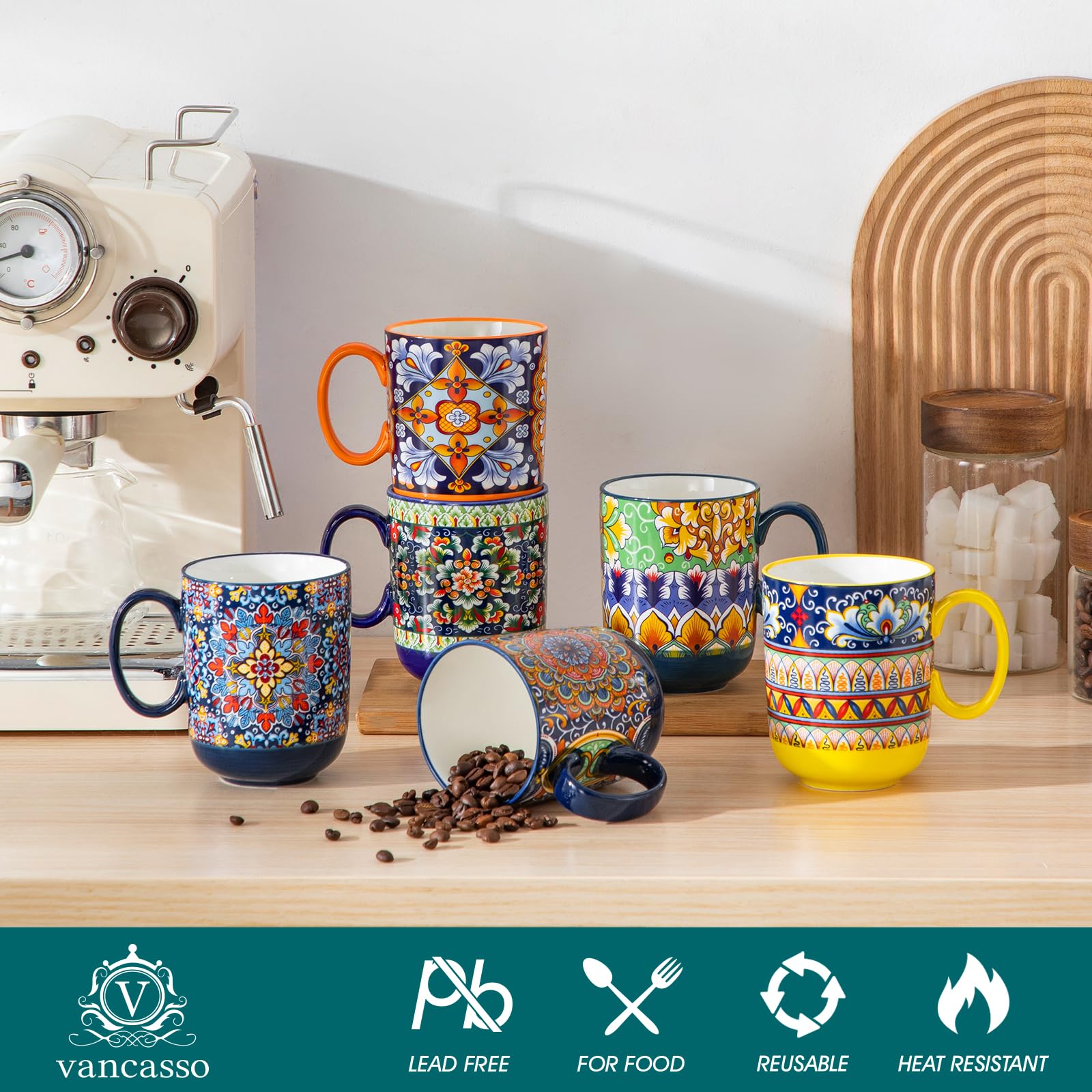 Vancasso Boho coffee mugs with sunrise pattern, ideal for cozy cappuccinos.
