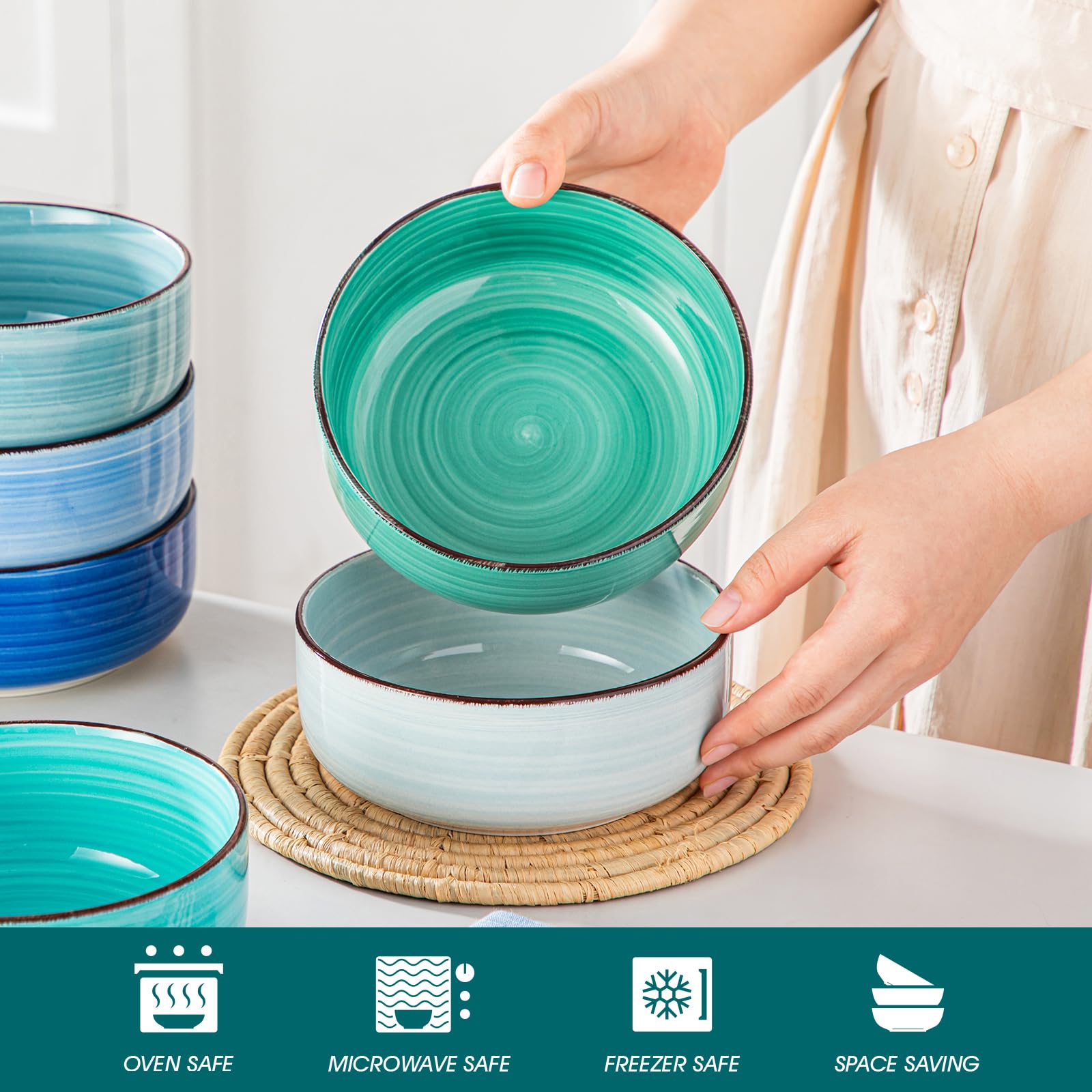 Vancasso Bonita 24oz microwave-safe bowls heat meals evenly.