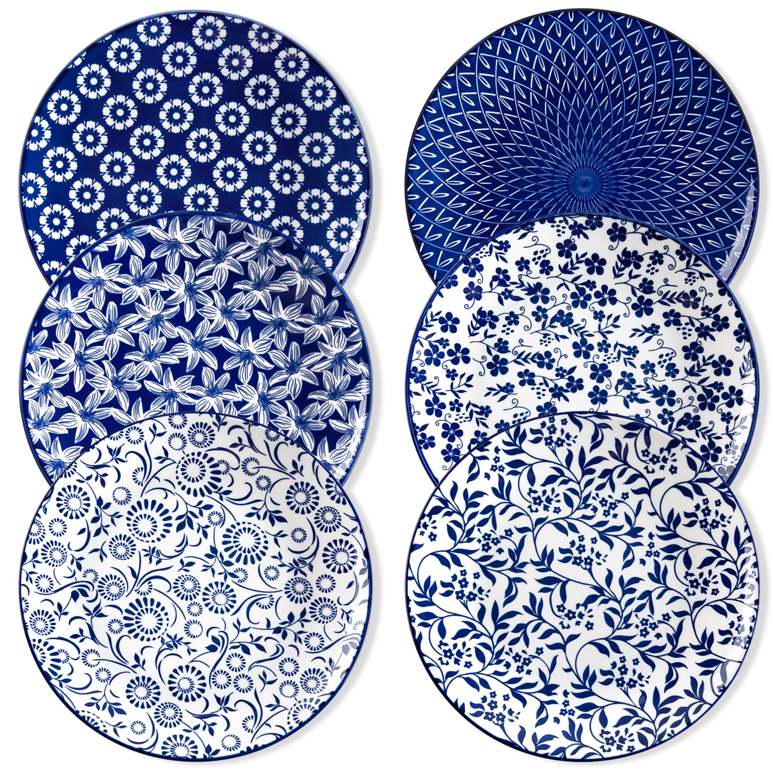 Vancasso ceramic plates set of 6, front view, blue and white vintage pattern.