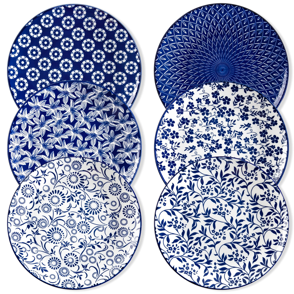 Vancasso ceramic plates set of 6, front view, blue and white vintage pattern.