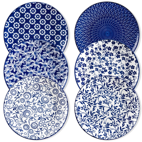 Vancasso ceramic plates set of 6, front view, blue and white vintage pattern.