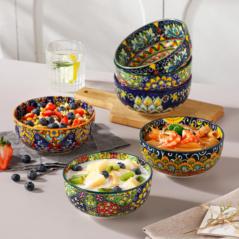 Vancasso cereal bowls as Bohemian decor on a shelf or wall display.