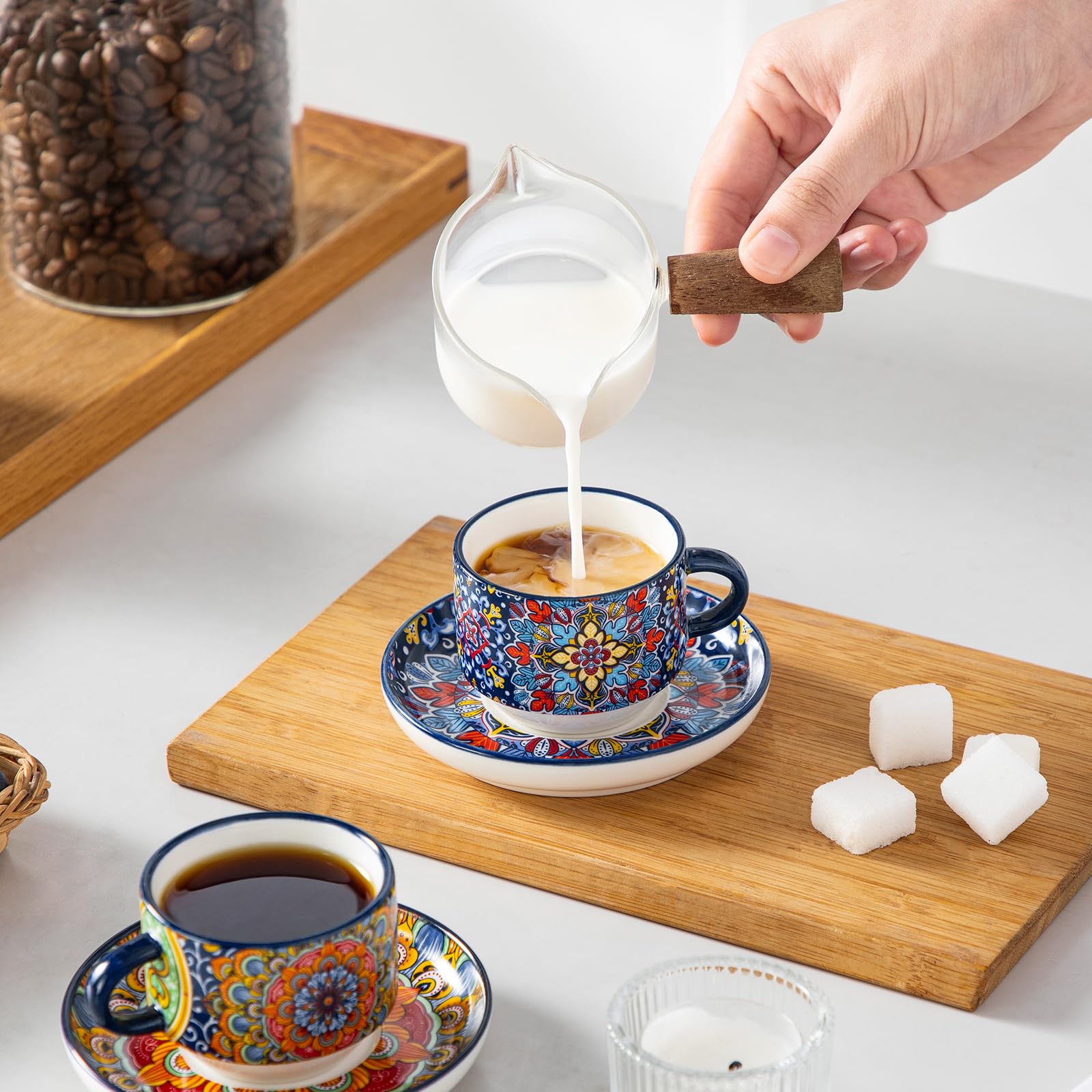 Vancasso colorful cups add exotic charm to any coffee nook or table.