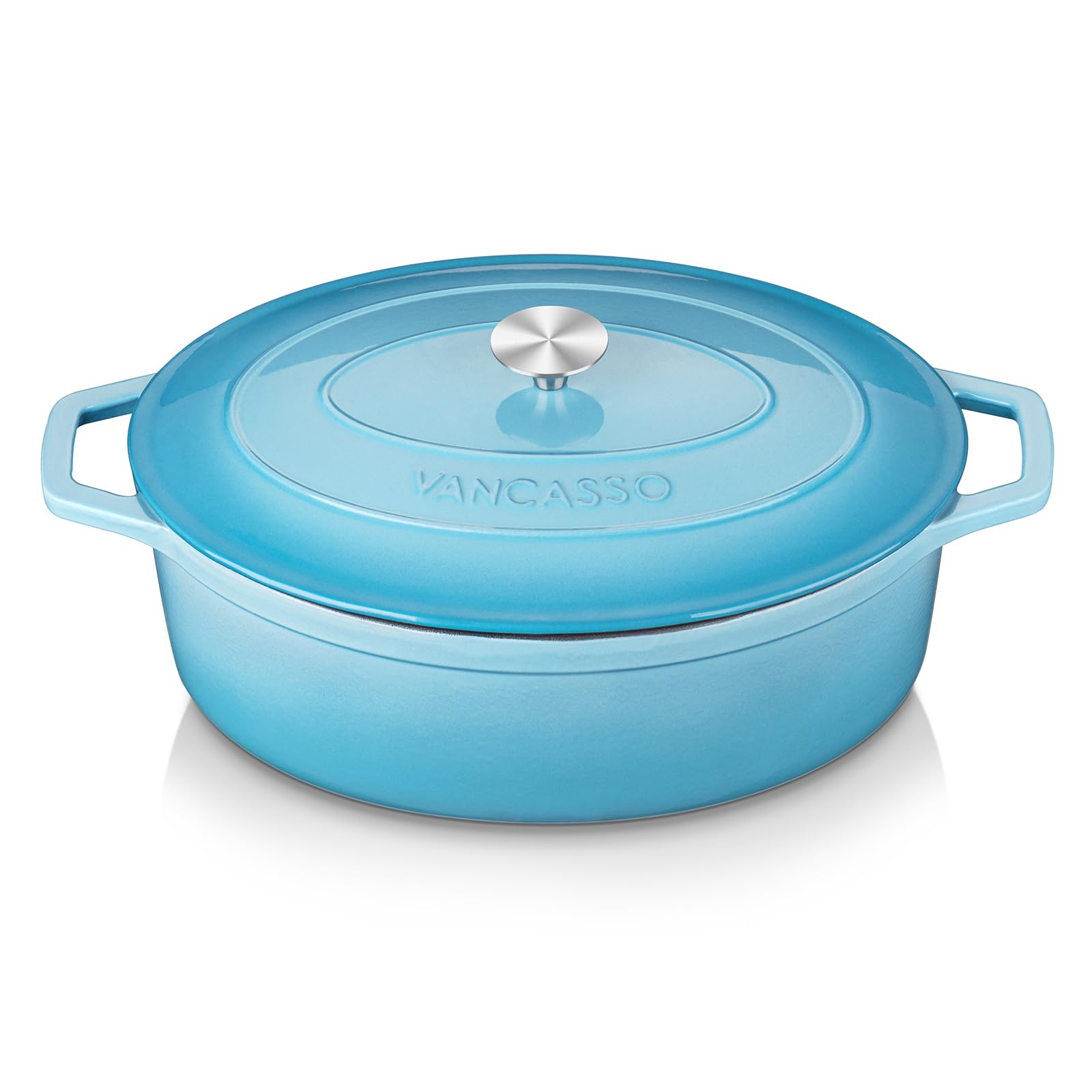 Vancasso enameled cast iron dutch oven 9-3 qt oval lid light blue ideal for braising