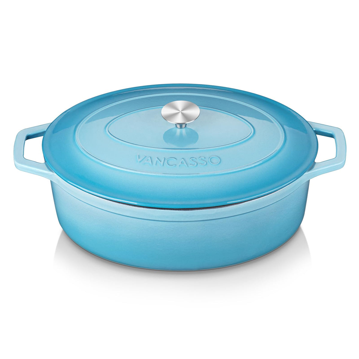 Vancasso enameled cast iron dutch oven 9-3 qt oval lid light blue ideal for braising