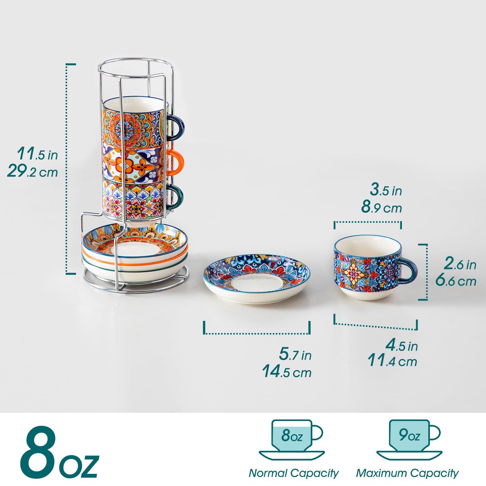 Vancasso espresso cups with saucers for convenient serving and stacking.