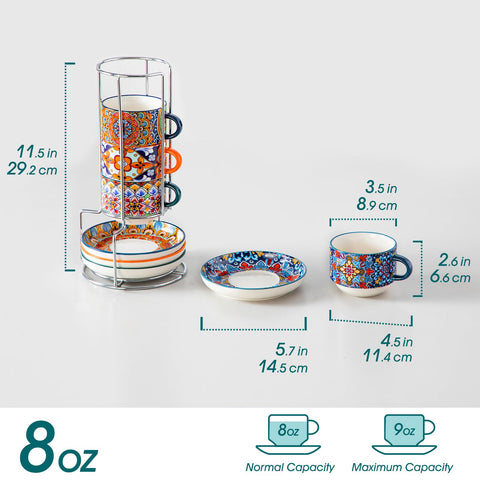 Vancasso espresso cups with saucers for convenient serving and stacking.