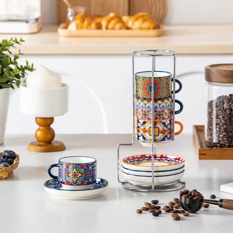 Vancasso 2.5oz cups with saucers suit espresso, tea, or tasting portions.