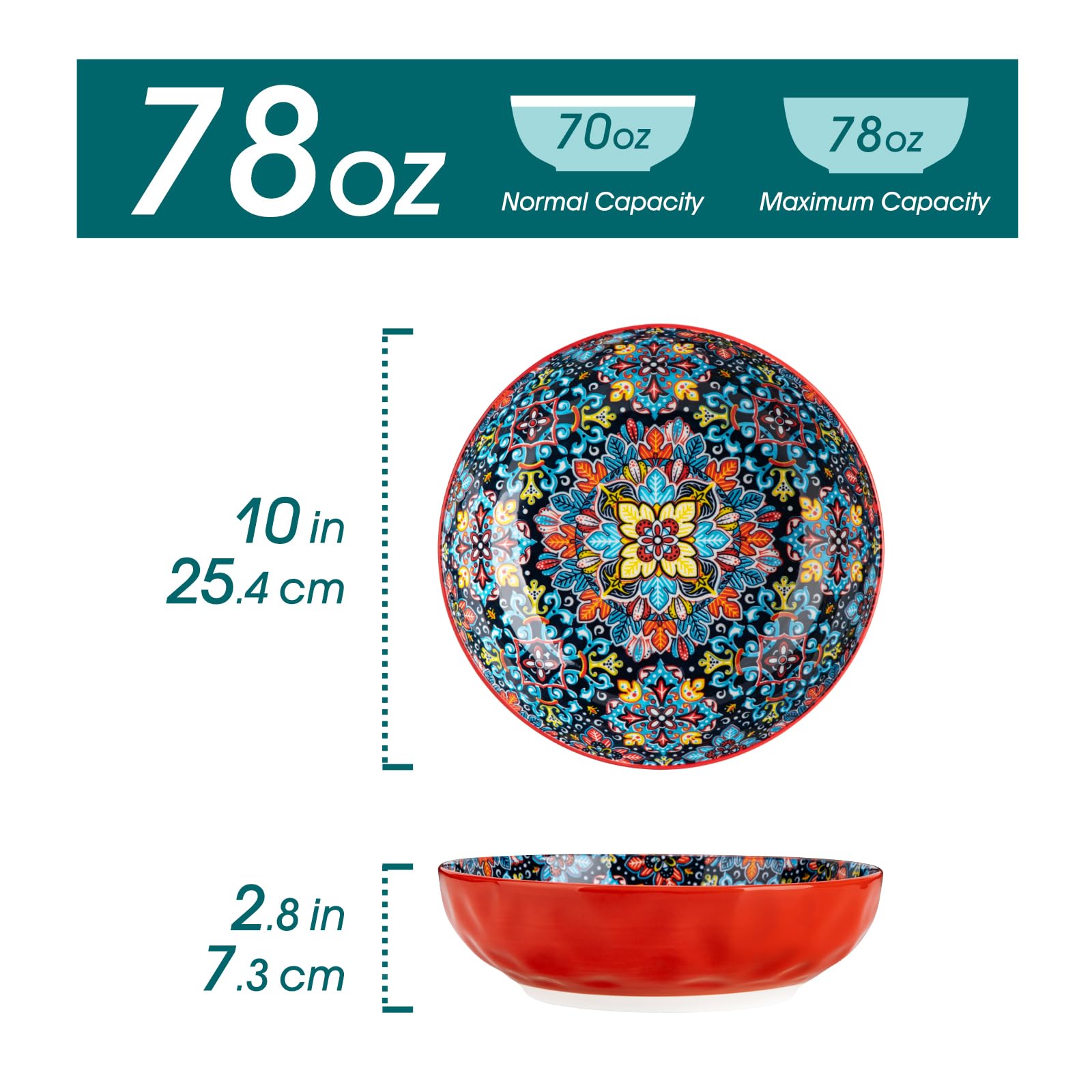 Vancasso 78 oz bowls showcase vibrant Bohemian design for table presentation.