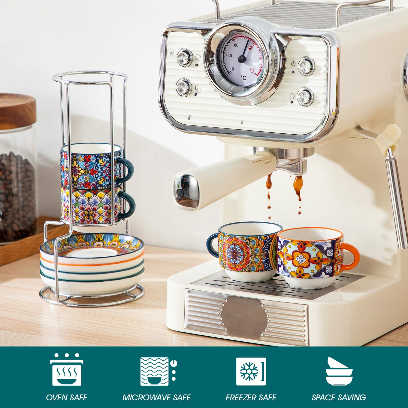 Vancasso ceramic cups with a metal stand form an elegant kitchen display.