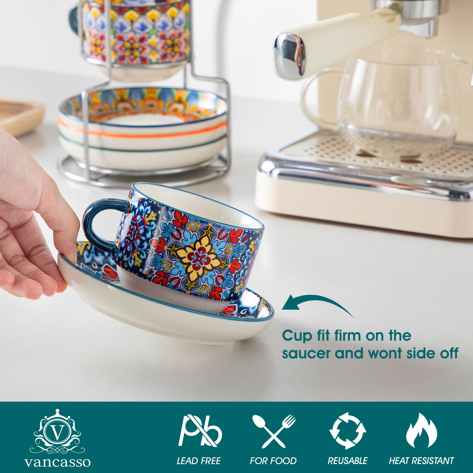 Vancasso metal stand keeps cups organized and accessible.