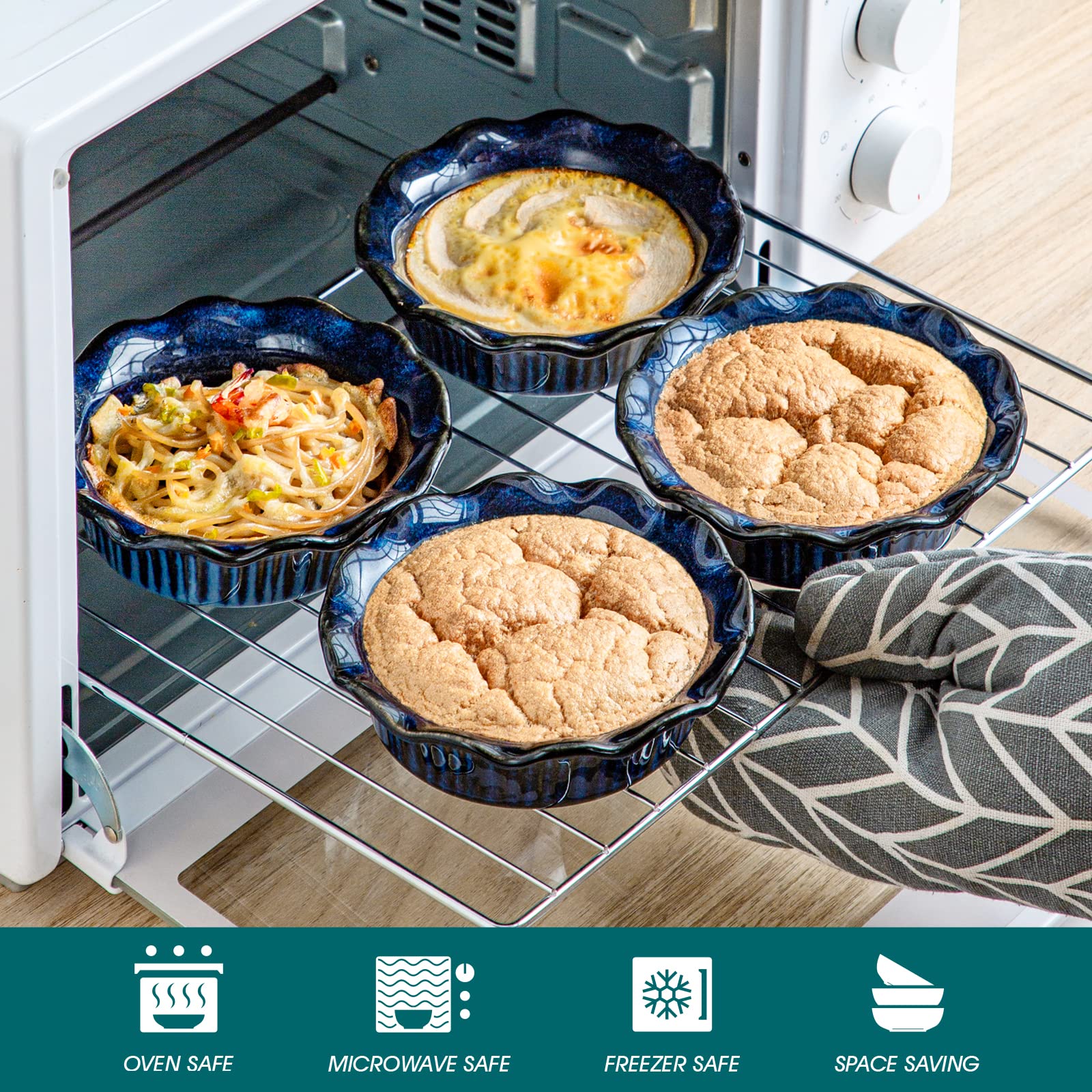 Vancasso pans are microwave safe for quick reheating in blue ceramic.