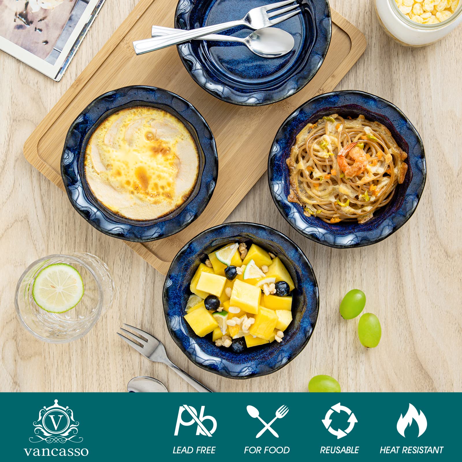 Vancasso pans in oven position, blue ceramic withstand heat and maintain finish.