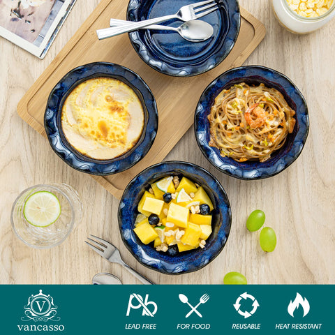 Vancasso pans in oven position, blue ceramic withstand heat and maintain finish.