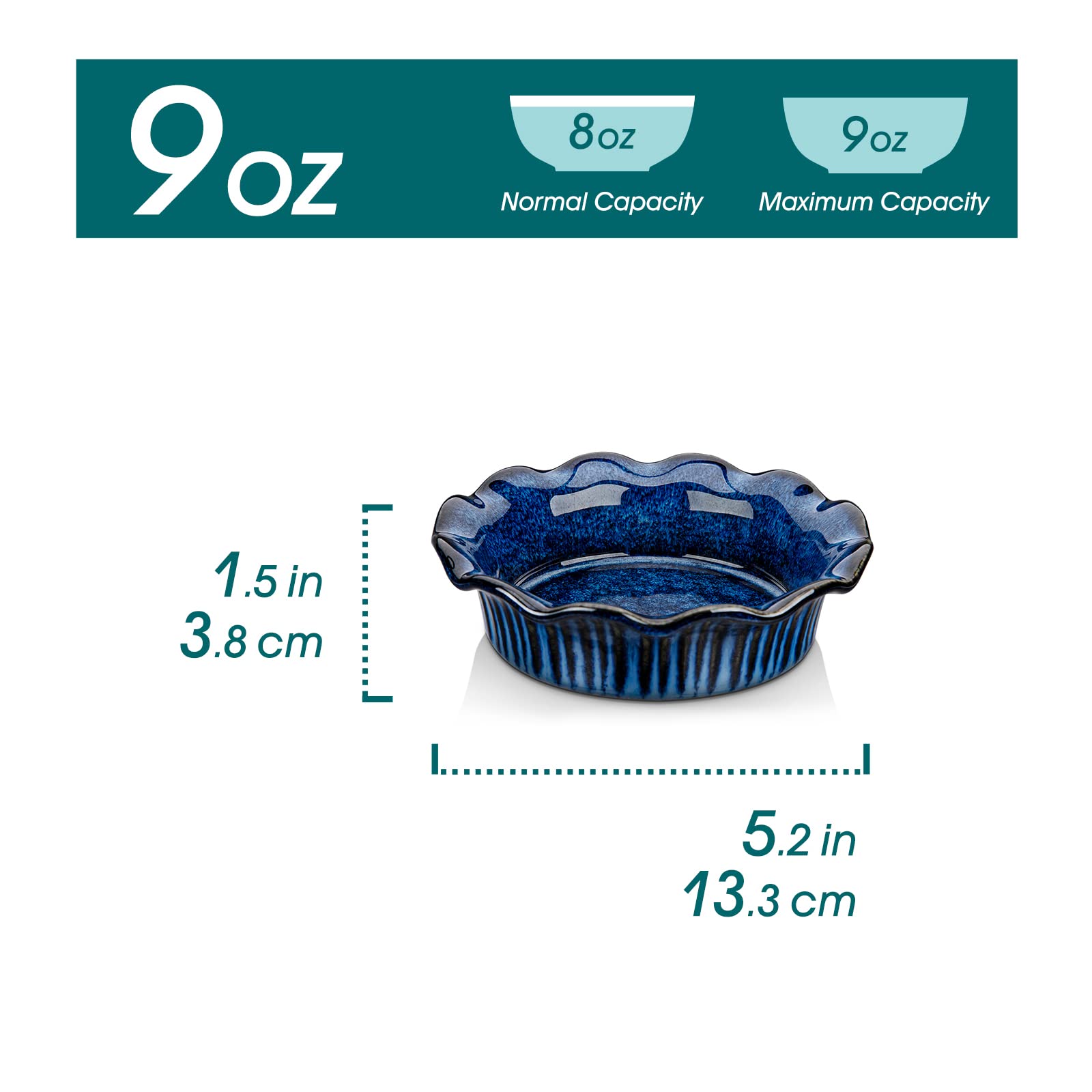 Close-up of the blue ruffled edge enhances presentation for quiches and desserts.