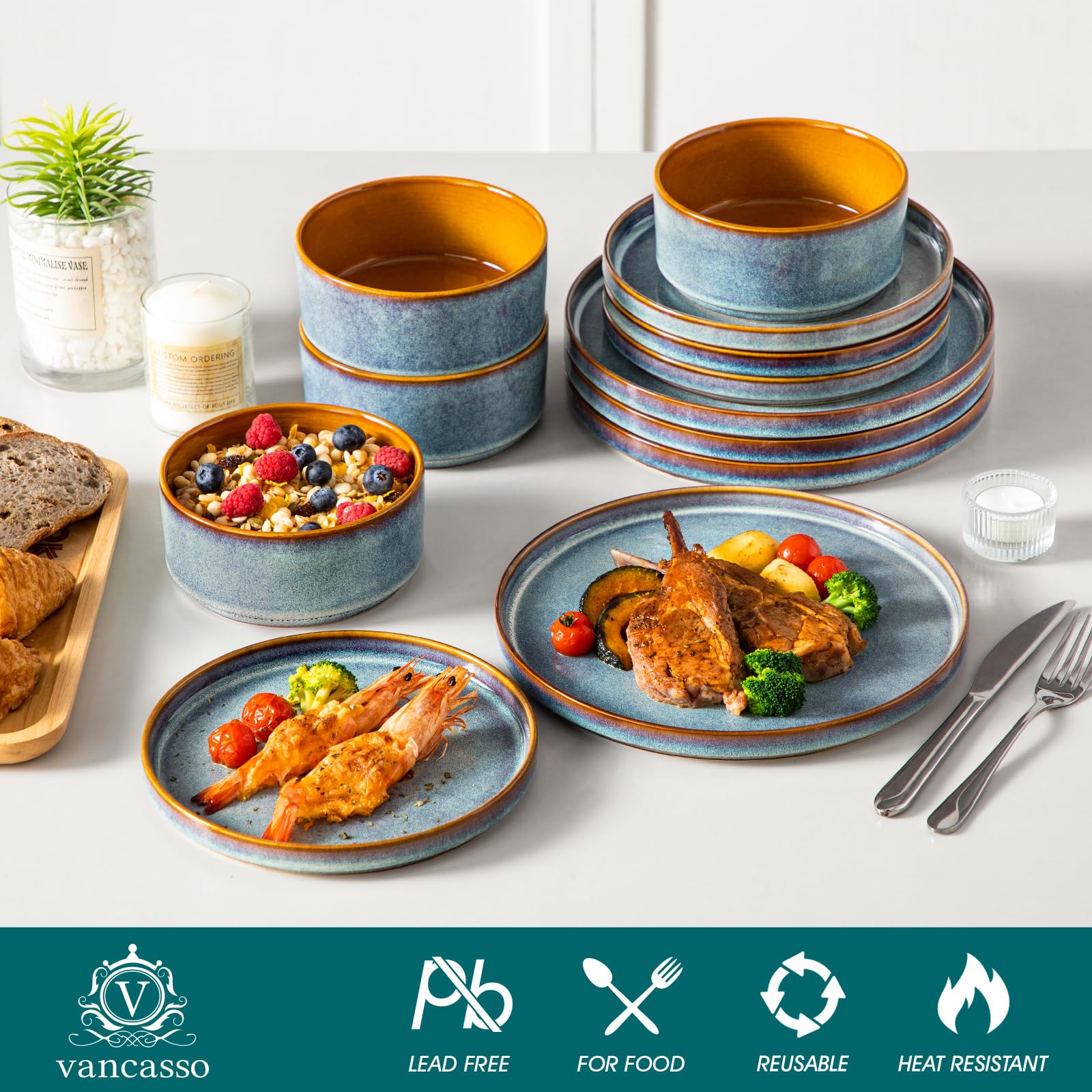 Exterior blue-violet glaze with caramel interior on Vancasso Onion pieces.