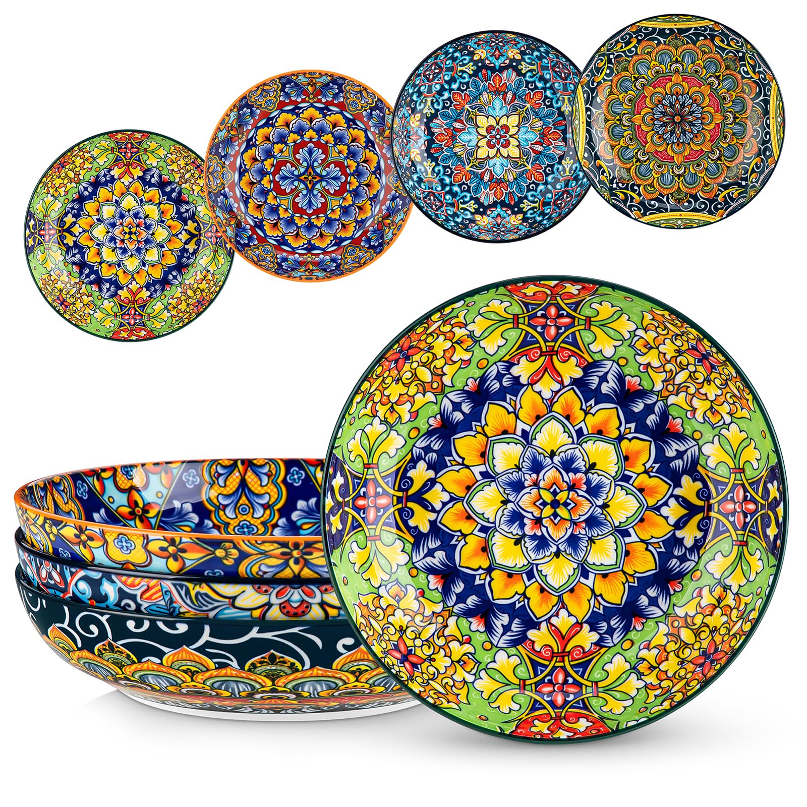 Vancasso pasta bowls feature bohemian pattern inside and outside, elevating table appeal.