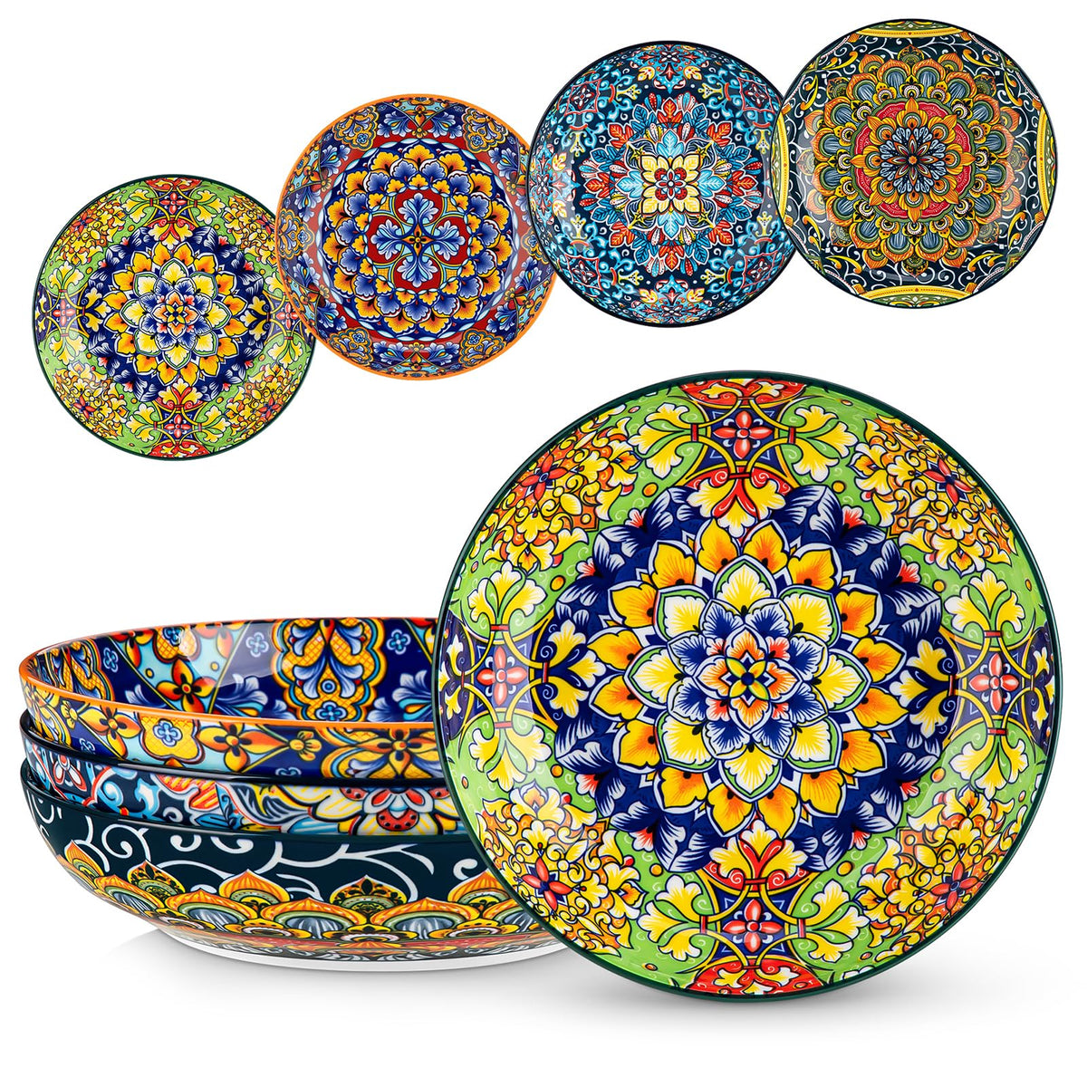 Vancasso pasta bowls feature bohemian pattern inside and outside, elevating table appeal.