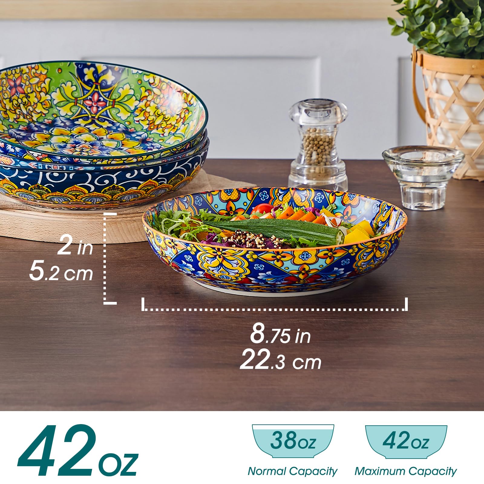 Vancasso pasta bowls display a colorful glaze detail for vibrant servings.