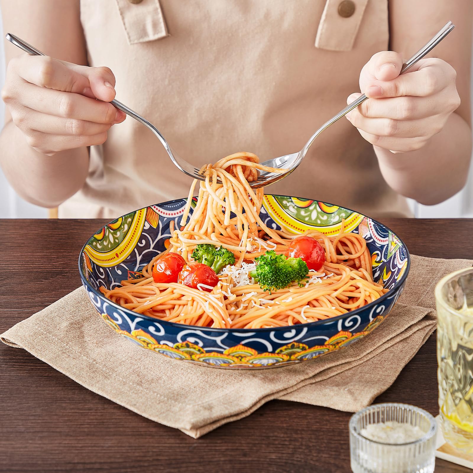 Vancasso pasta bowls are dishwasher and microwave safe for easy cleanup.
