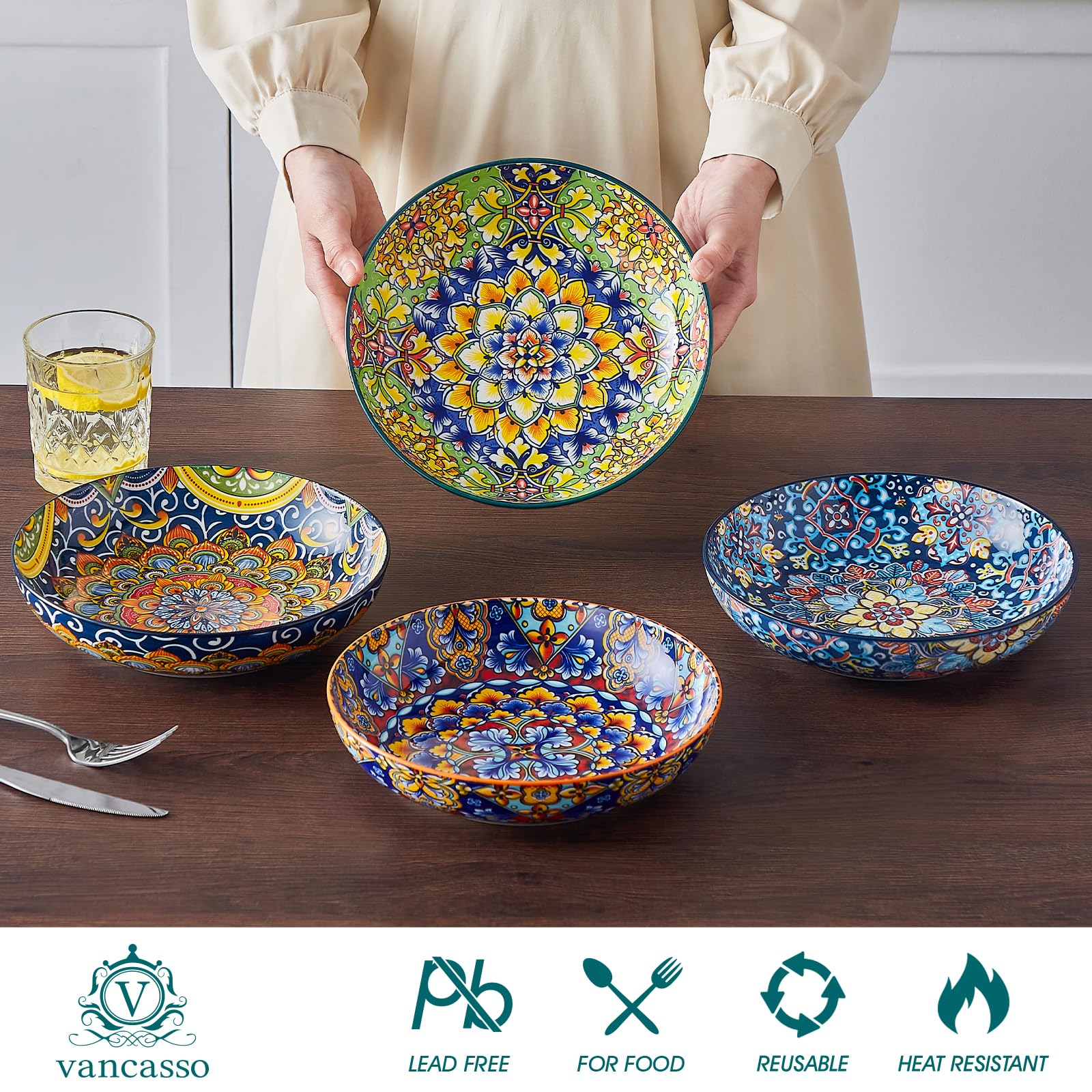 Vancasso pasta bowls offer durable porcelain that resists chipping for daily use.